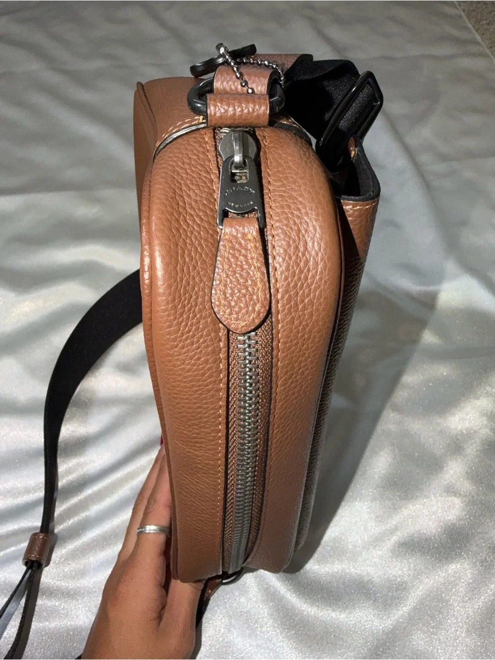 Coach Brown Pebbled Leather Messenger Crossbody with Black Strap